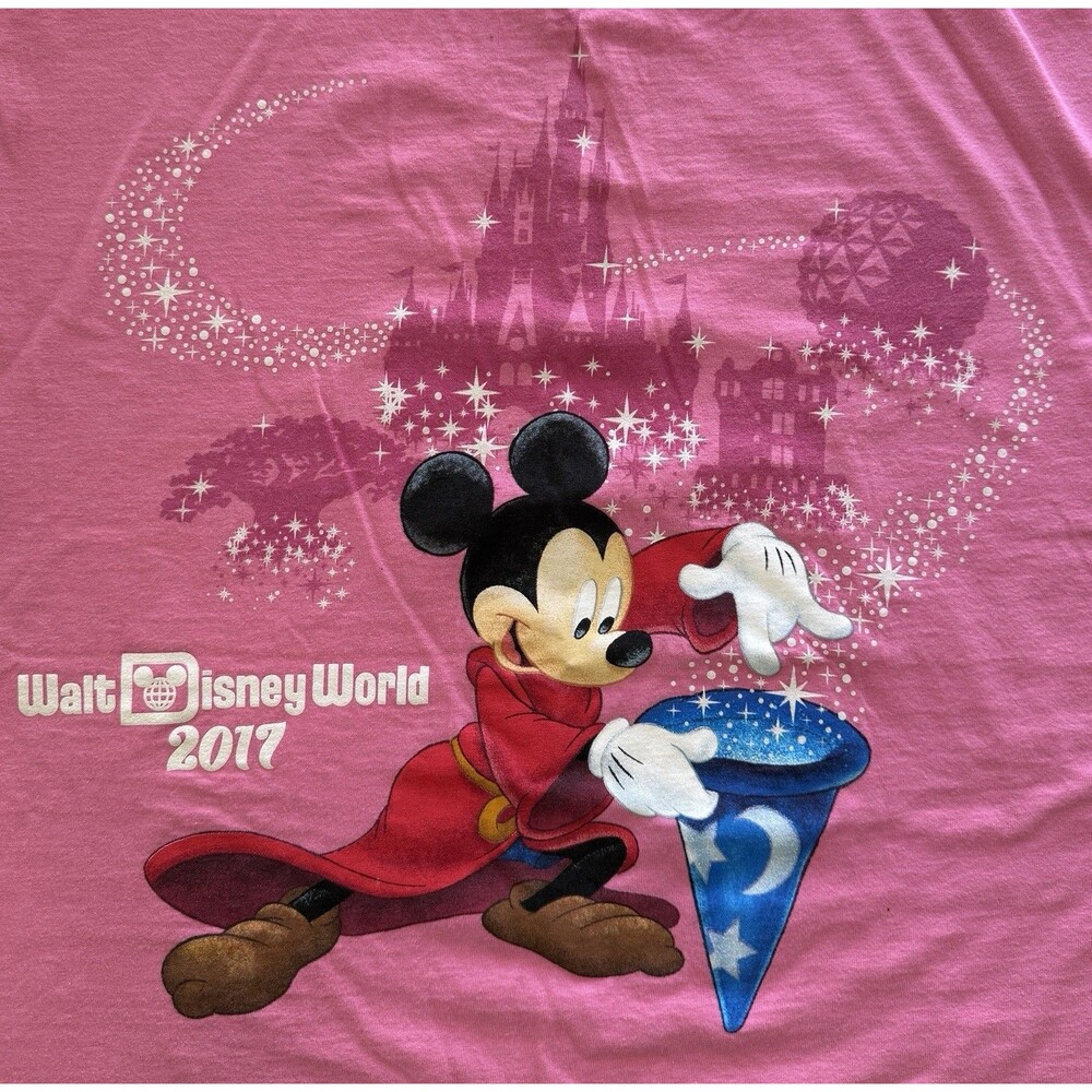 Women’s Disney World Pink Mickey Wizard Graphic Tee Shirt Theme Park 2017 Size L